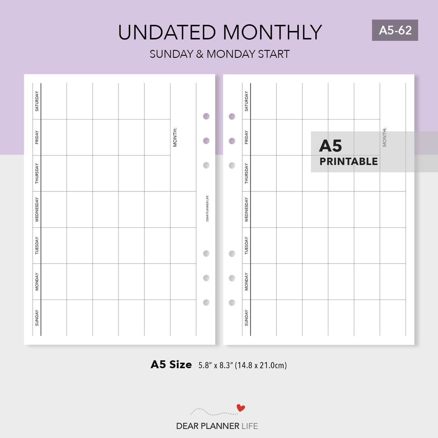 Undated Horizontal Monthly Template (A5 Size) PDF Printable (A5-62)