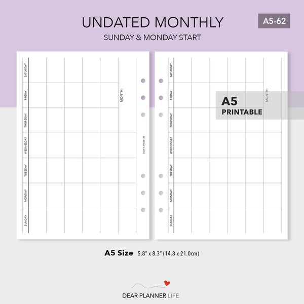 Undated Horizontal Monthly Template (A5 Size) PDF Printable (A5-62)