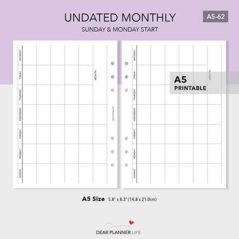 Undated Horizontal Monthly Template (A5 Size) PDF Printable (A5-62)