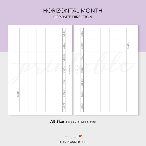 Undated Horizontal Monthly Template (A5 Size) PDF Printable (A5-62)