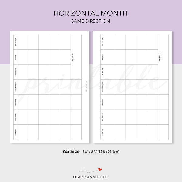 Undated Horizontal Monthly Template (A5 Size) PDF Printable (A5-62)