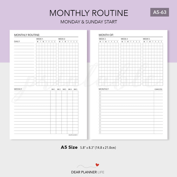 Monthly Routine Tracker (A5 Size) PDF Printable (A5-63)