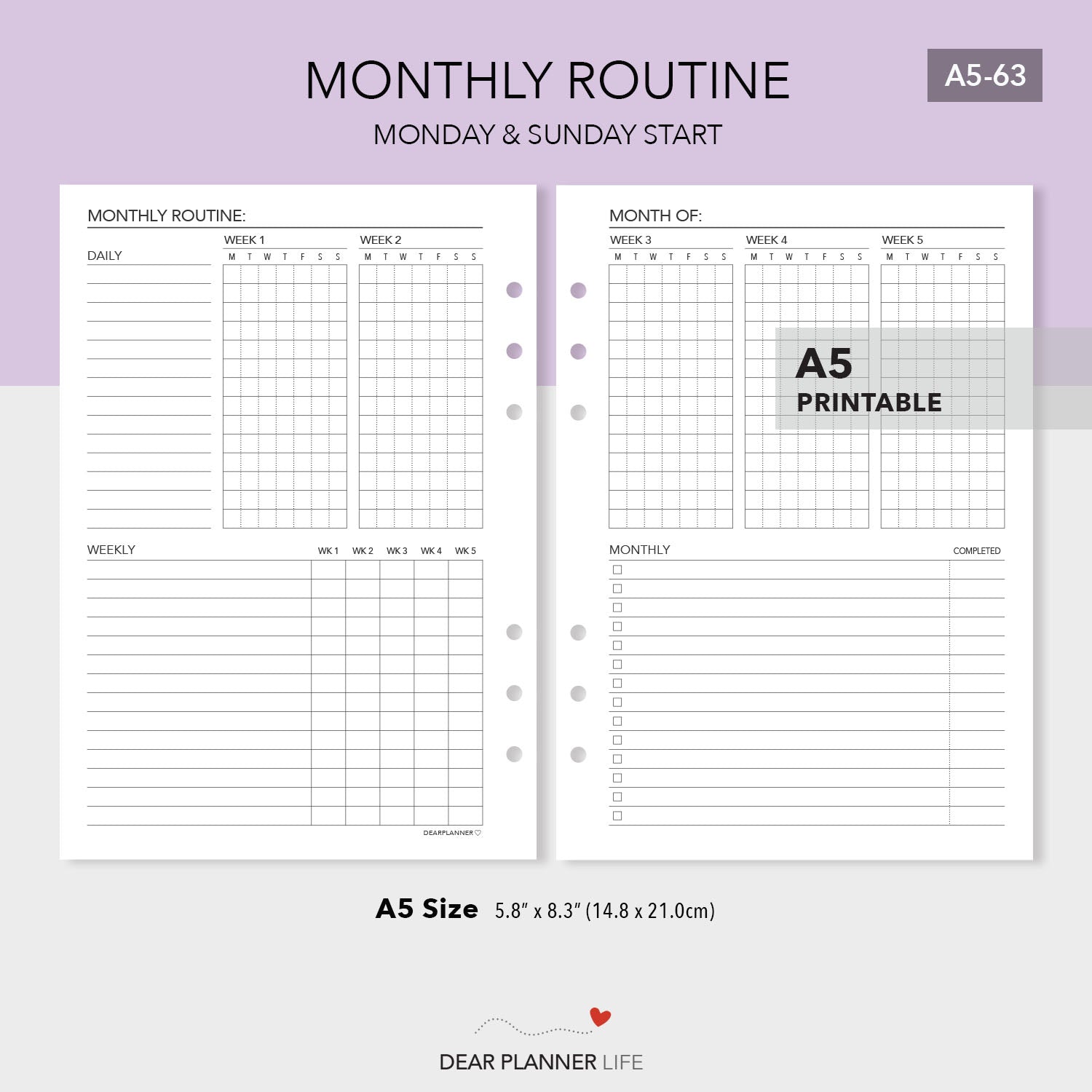 Monthly Routine Tracker (A5 Size) PDF Printable (A5-63)