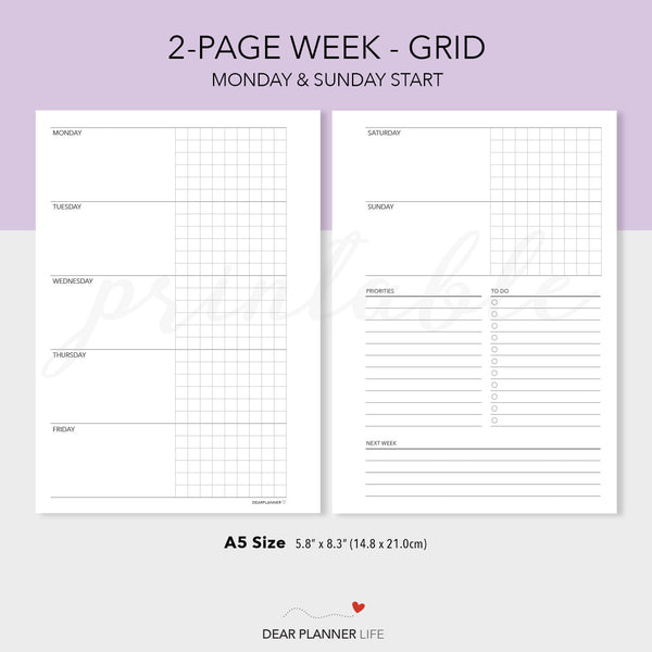 Horizontal Week on 2 Pages with Grid (A5 Size) - PDF Printable (A5-66)