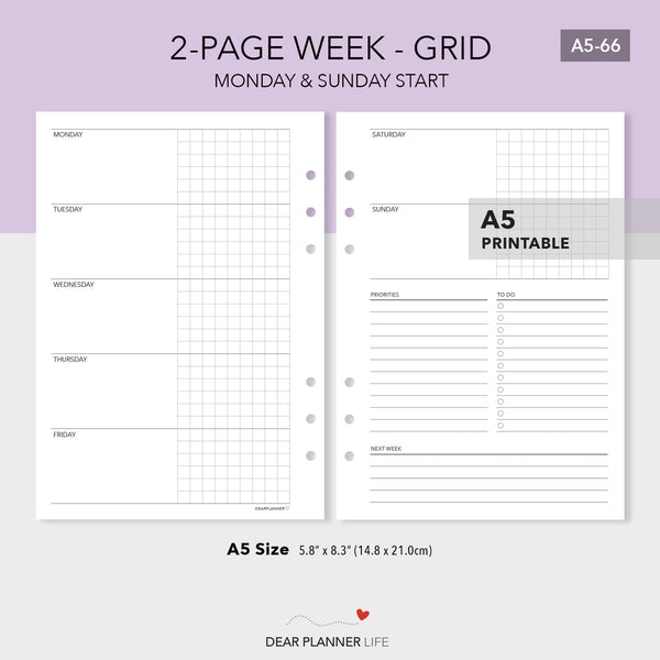 Horizontal Week on 2 Pages with Grid (A5 Size) - PDF Printable (A5-66)