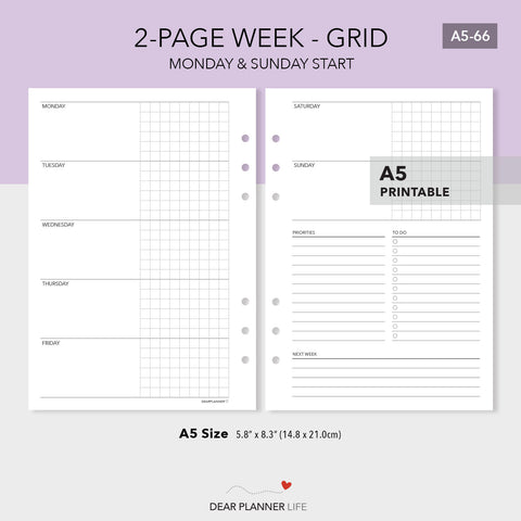 Horizontal Week on 2 Pages with Grid (A5 Size) - PDF Printable (A5-66)