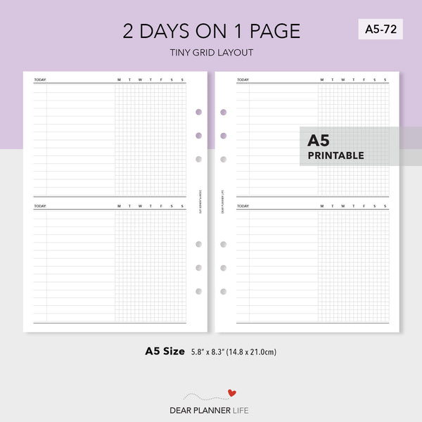 2 Days on 1 Page with Tiny Grid (A5 Size) PDF Printable (A5-72)