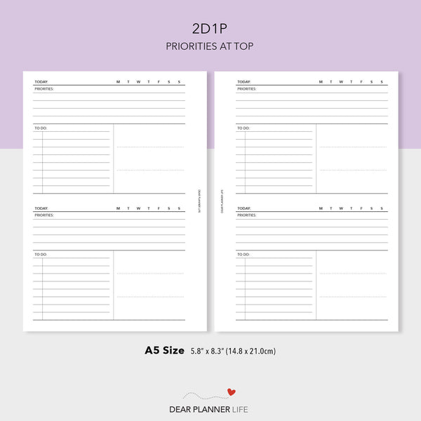 2 Days on 1 Page with Priorities at Top (A5 Size) PDF Printable (A5-73)