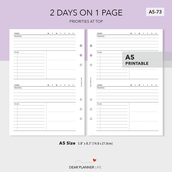 2 Days on 1 Page with Priorities at Top (A5 Size) PDF Printable (A5-73)