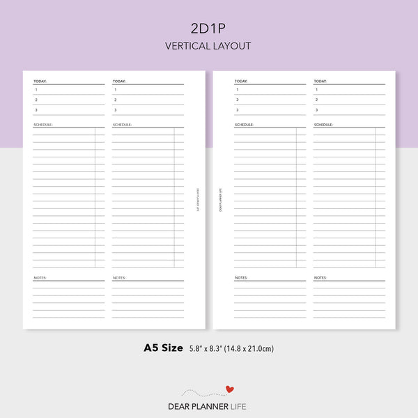 2 Days on 1 Page Vertical Layout (A5 Size) PDF Printable (A5-74)