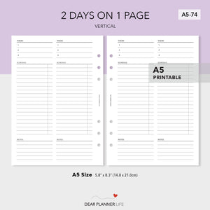 2 Days on 1 Page Vertical Layout (A5 Size) PDF Printable (A5-74)